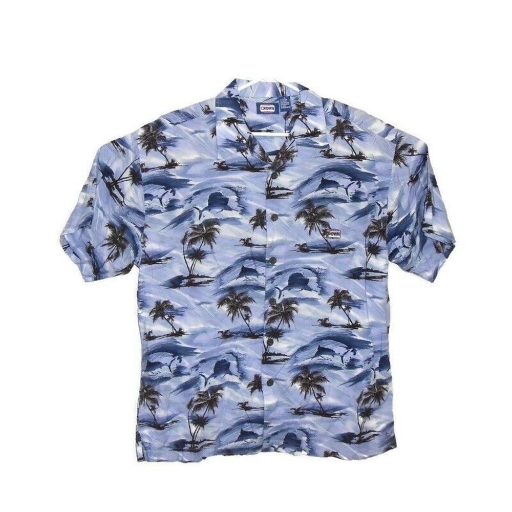 Crown‎ Men's XL Shirt Hawaiian Palm Trees Swordfish Button Up Short Sleeve